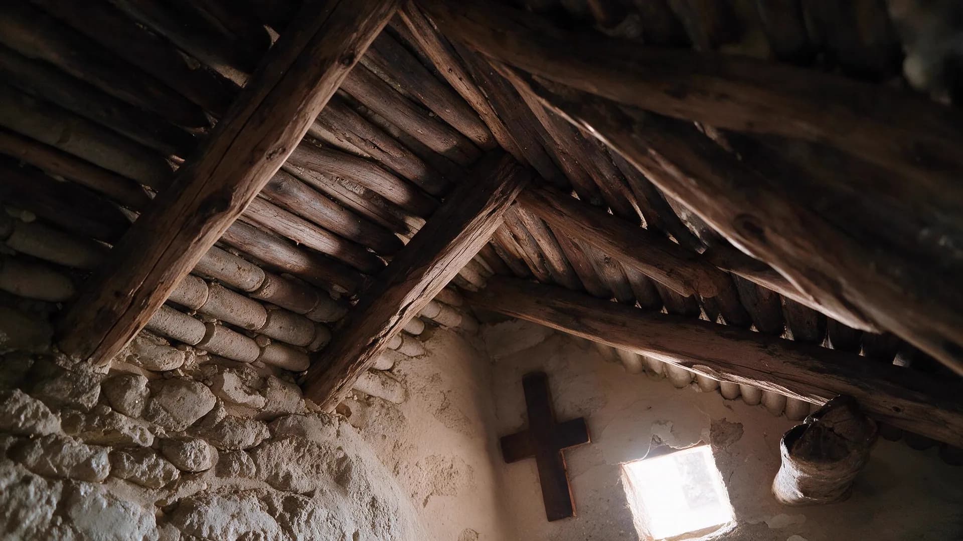 Interior del convento de El Palancar: vigas de madera, muros de piedra y una cruz junto al ventanuco