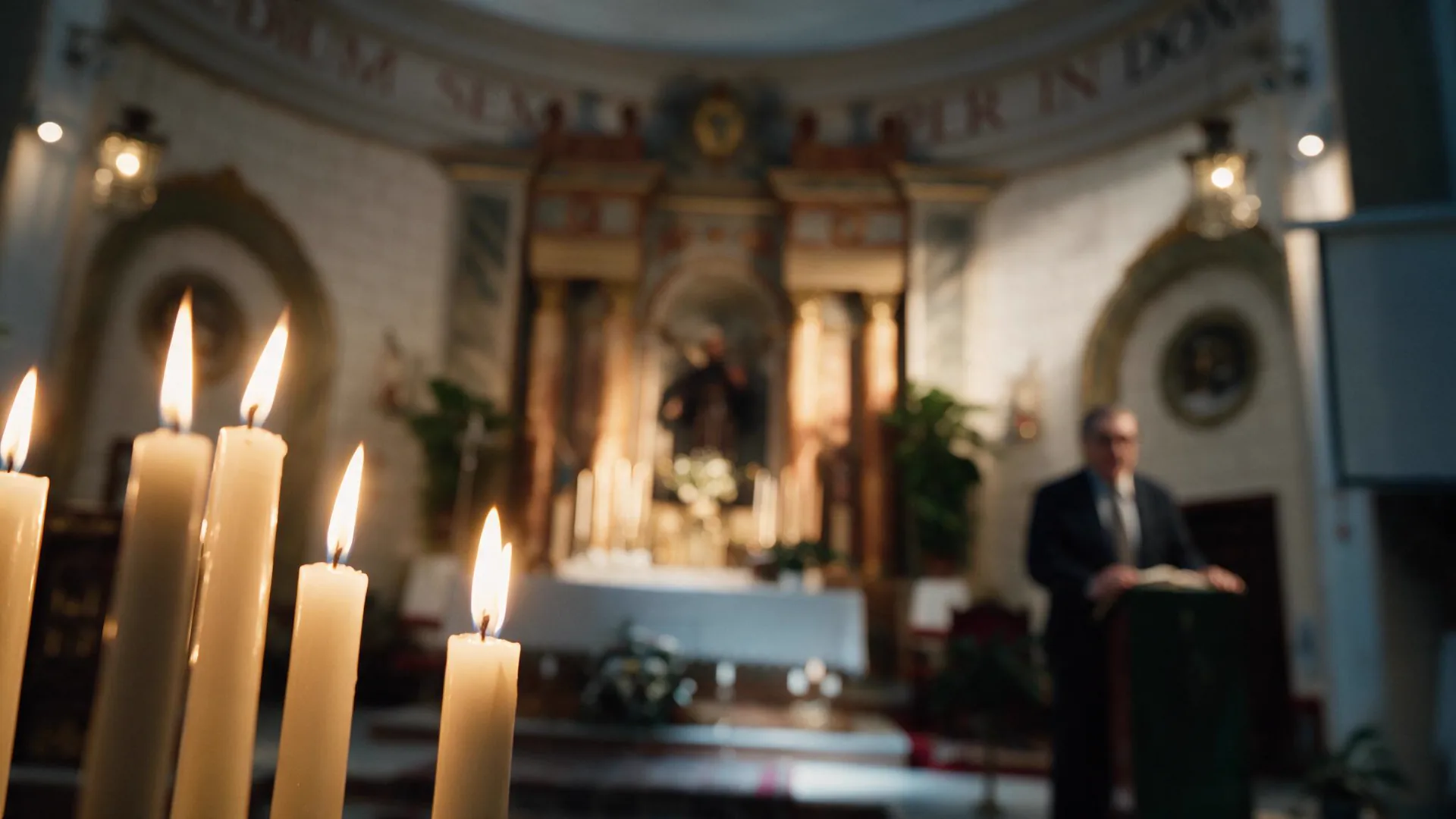 Velas encendidas ante el altar de la iglesia, con el padre del pregonero en el atril al fondo