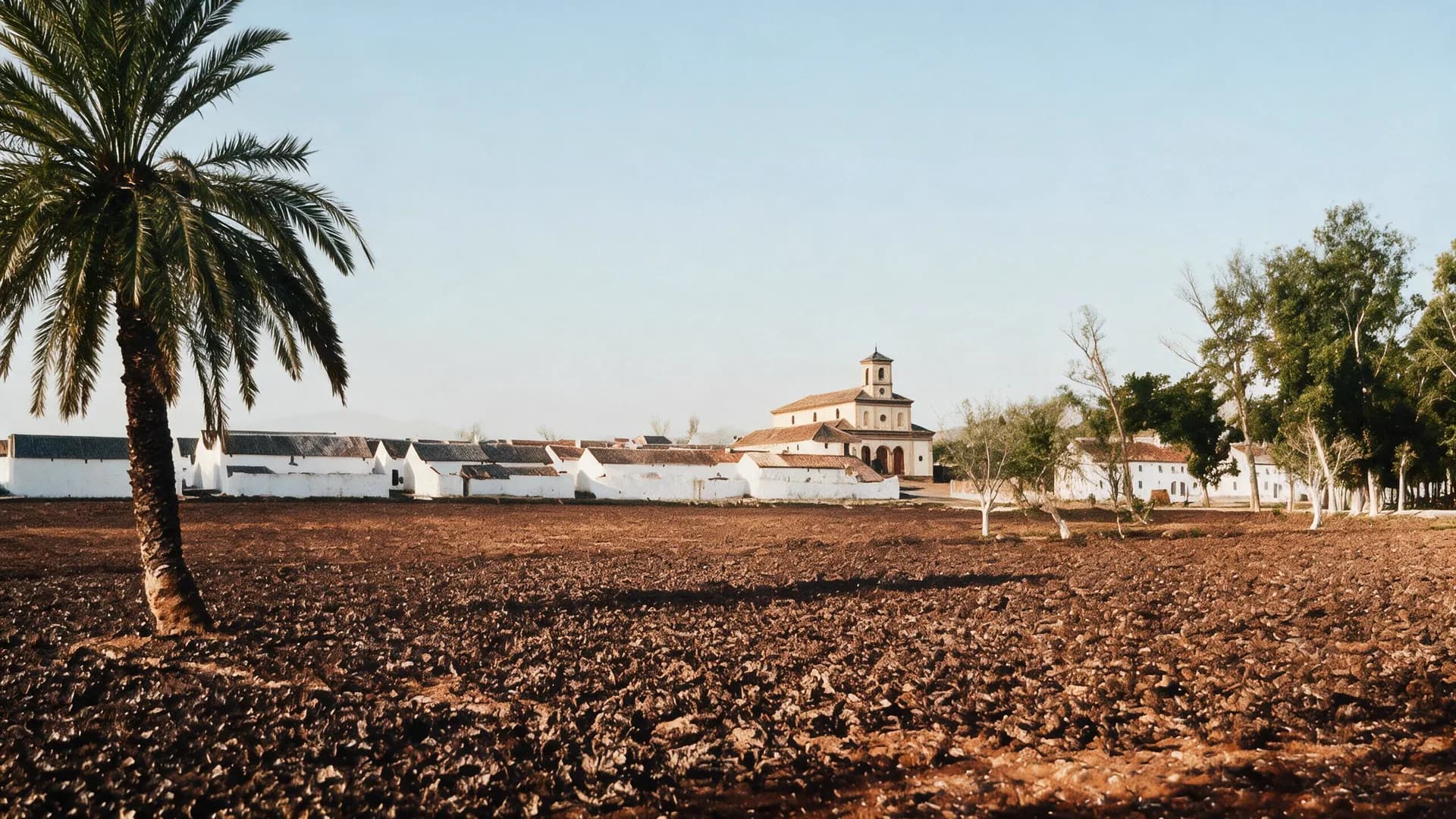 Campos de cultivo con el caserío y la iglesia del pueblo al fondo