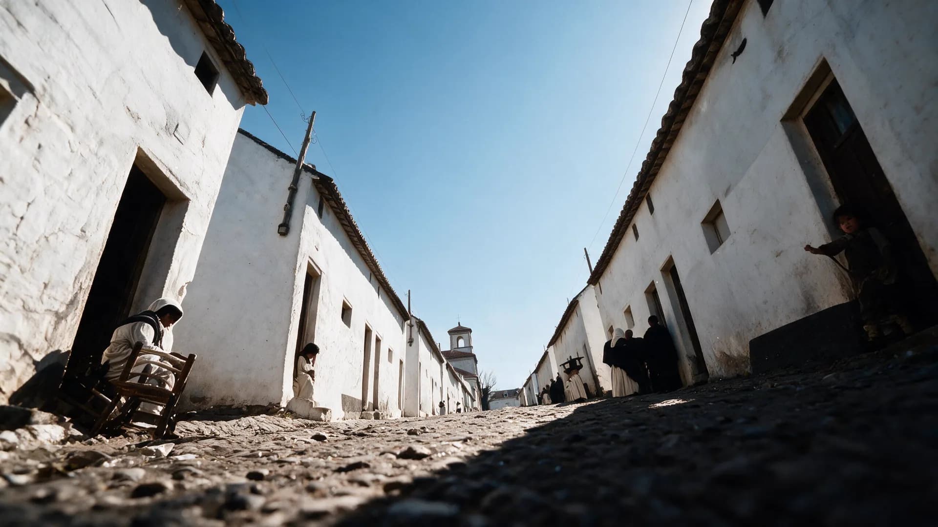 Calle de casas encaladas con vecinos a la puerta y el campanario al fondo