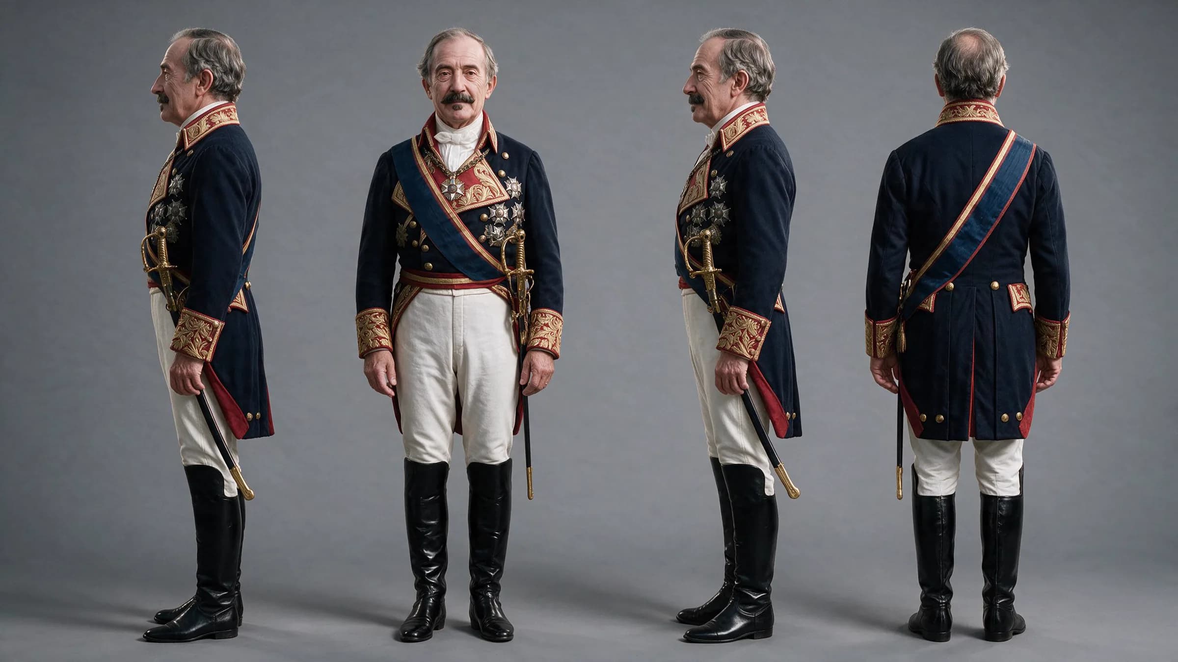 Character sheet del Marqués del Duero: el mismo rostro y uniforme de gala, de perfil, de frente y de espaldas