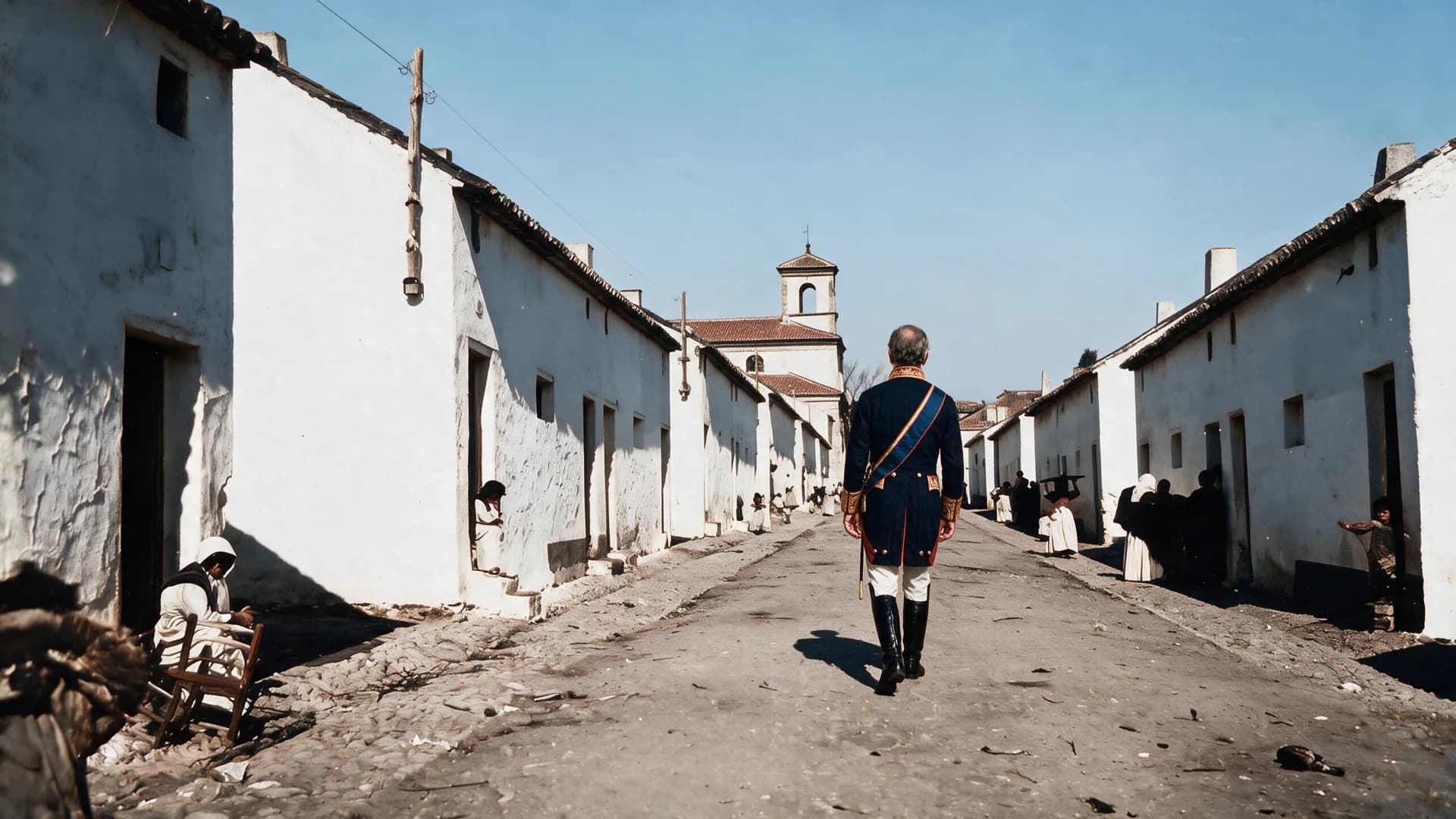 El Marqués del Duero, de espaldas, camina por una calle de casas encaladas del pueblo en el siglo XIX