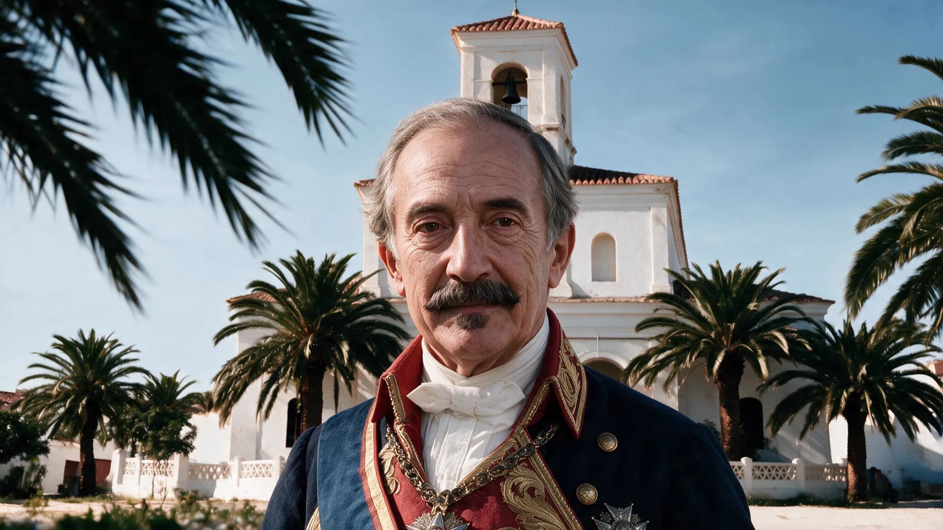 Primer plano del Marqués del Duero ante la iglesia del pueblo, rodeada de palmeras