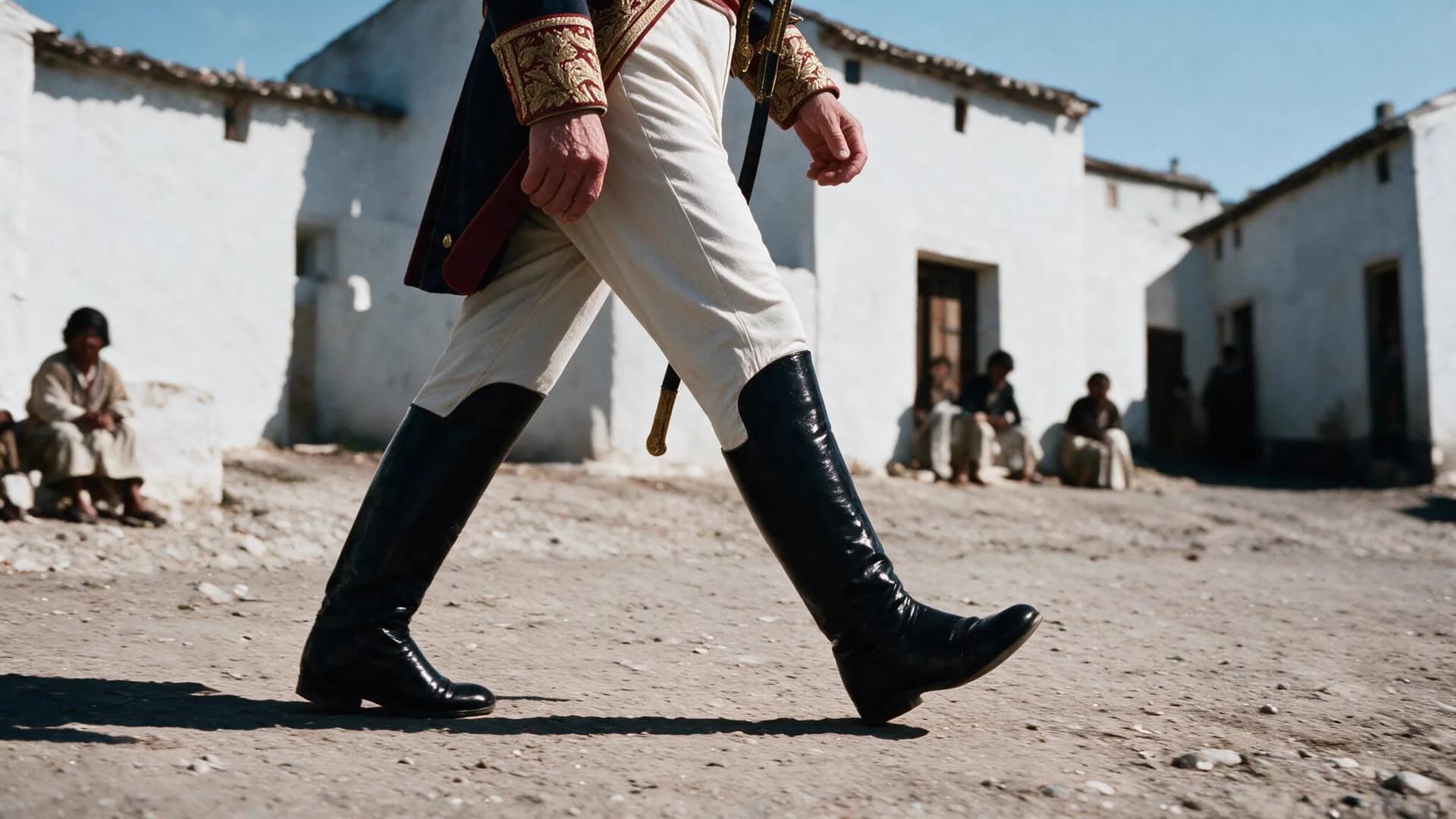 Detalle de las botas del Marqués al caminar, con vecinos sentados a la puerta de sus casas