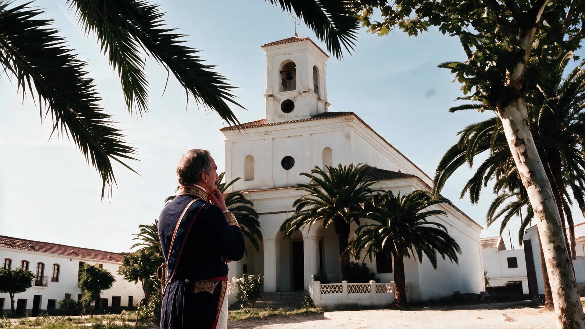 El Marqués del Duero contempla la iglesia del pueblo entre palmeras