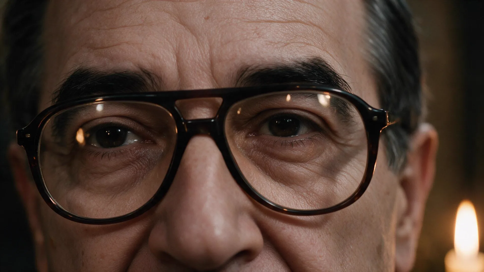 Primer plano de los ojos del padre del pregonero tras sus gafas