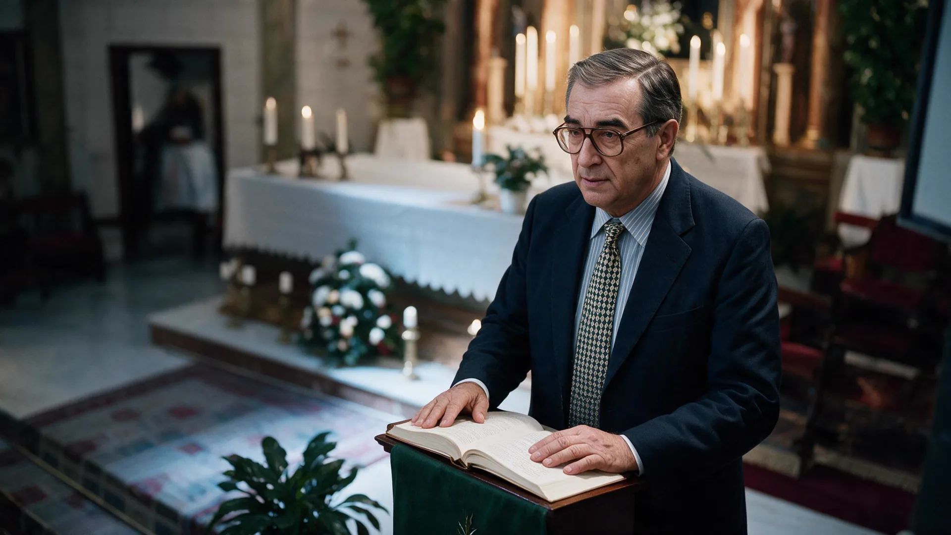 El padre del pregonero apoya las manos sobre un libro abierto en el atril