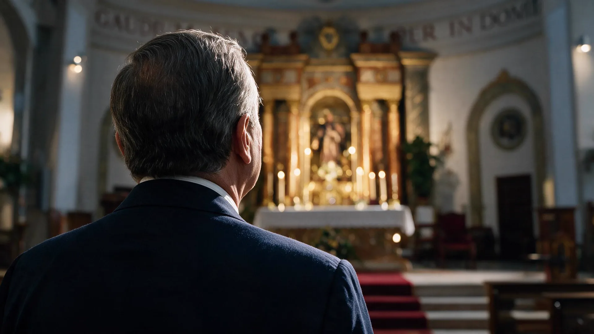 El padre del pregonero, de espaldas, mira hacia el altar de la iglesia