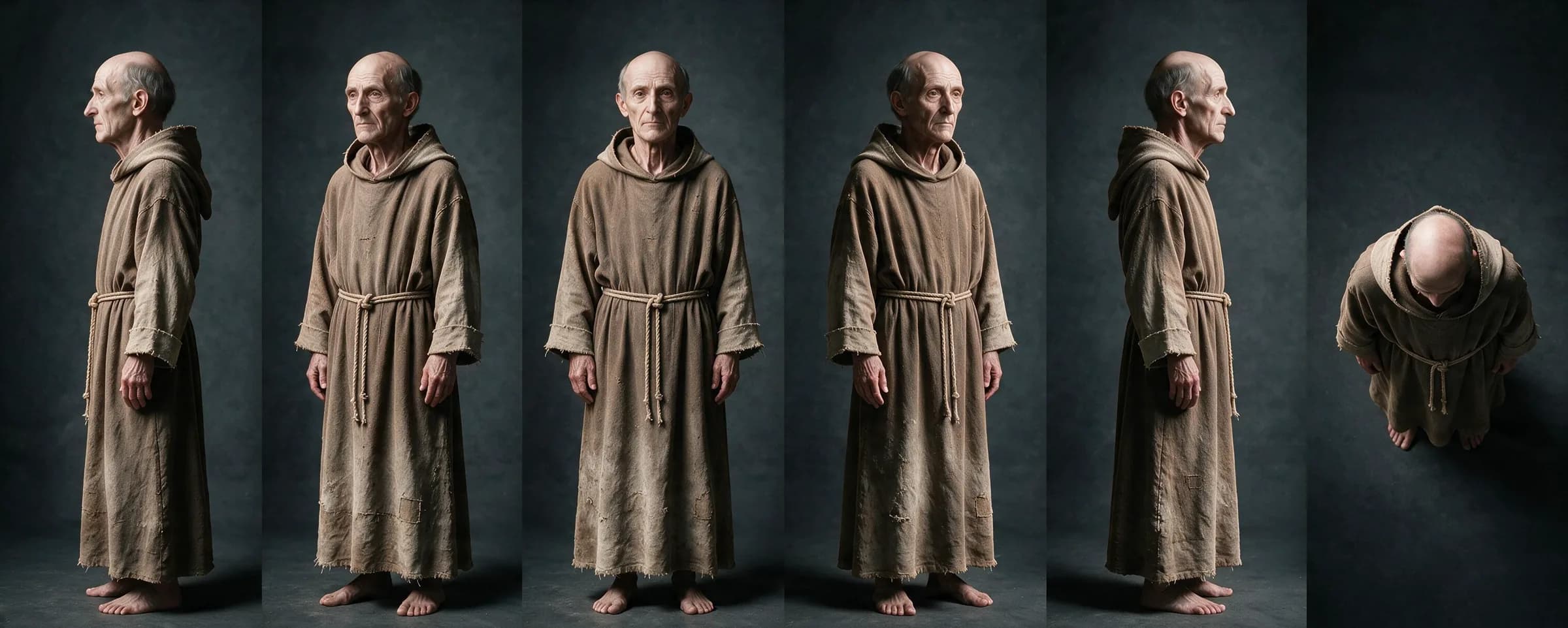 Character sheet de San Pedro de Alcántara: el fraile descalzo, con hábito y cordón franciscano, desde varios ángulos