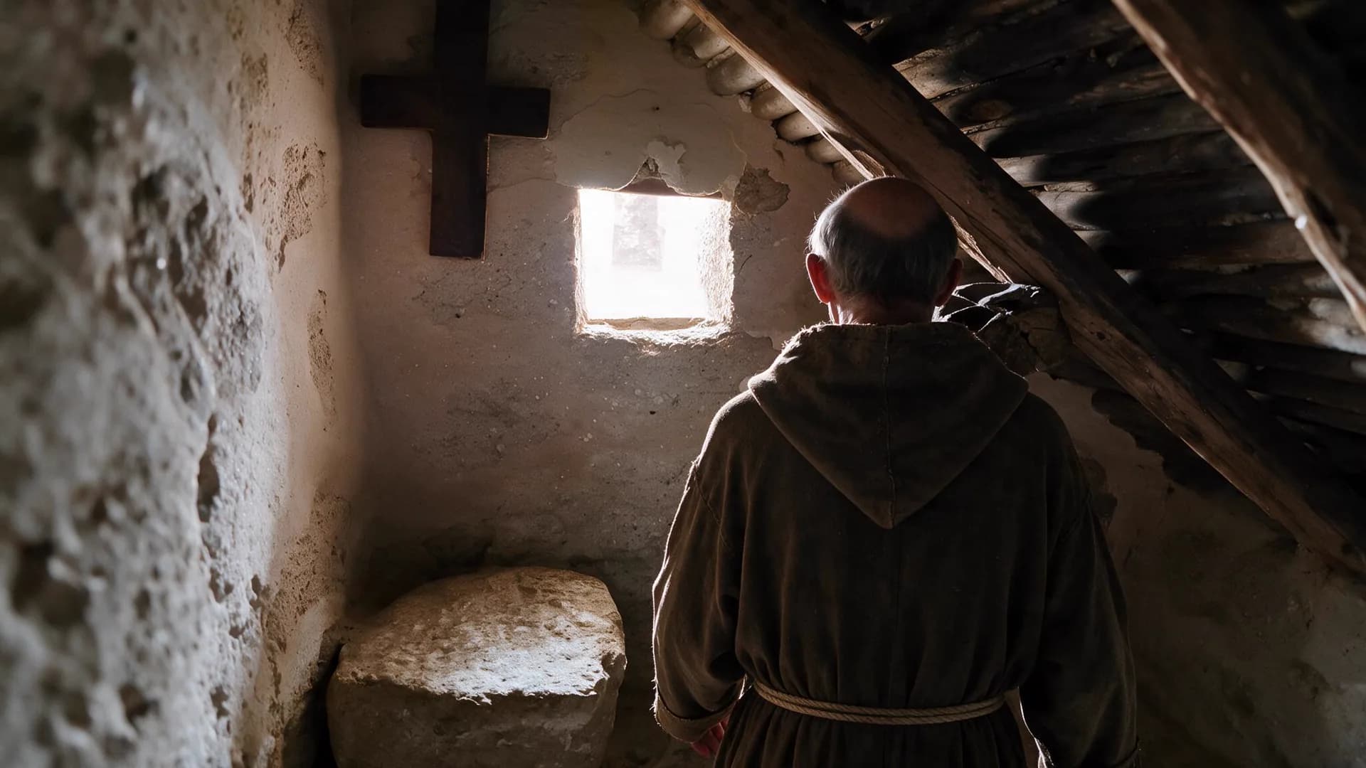 San Pedro de Alcántara, de espaldas, en una celda austera con una cruz de madera en la pared
