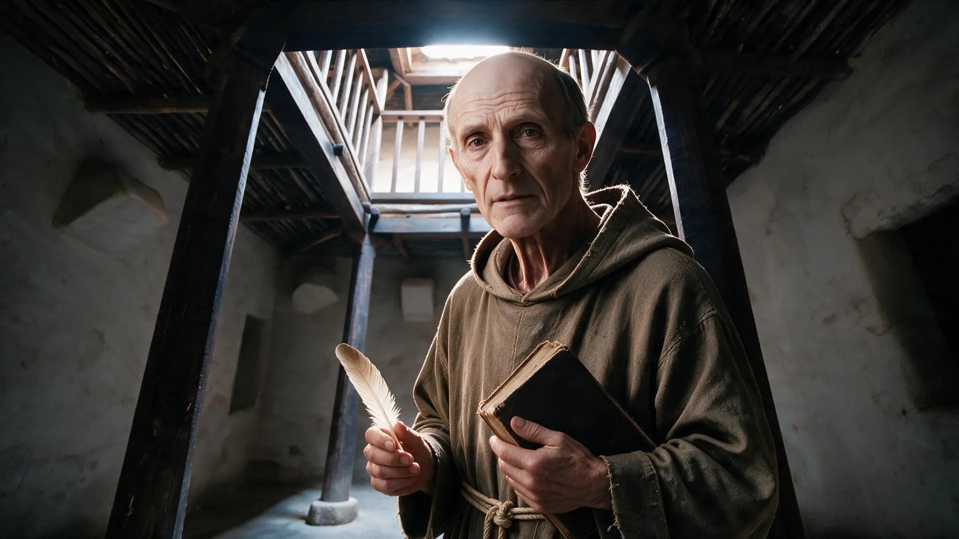 San Pedro de Alcántara sostiene una pluma y un libro bajo las vigas del convento